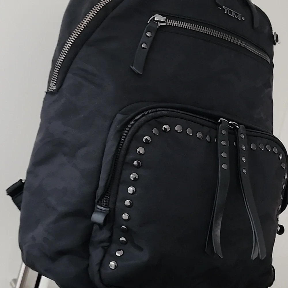 Rare Tumi Voyageur Studded Hagen Backpack in Black Camo Black Hardware